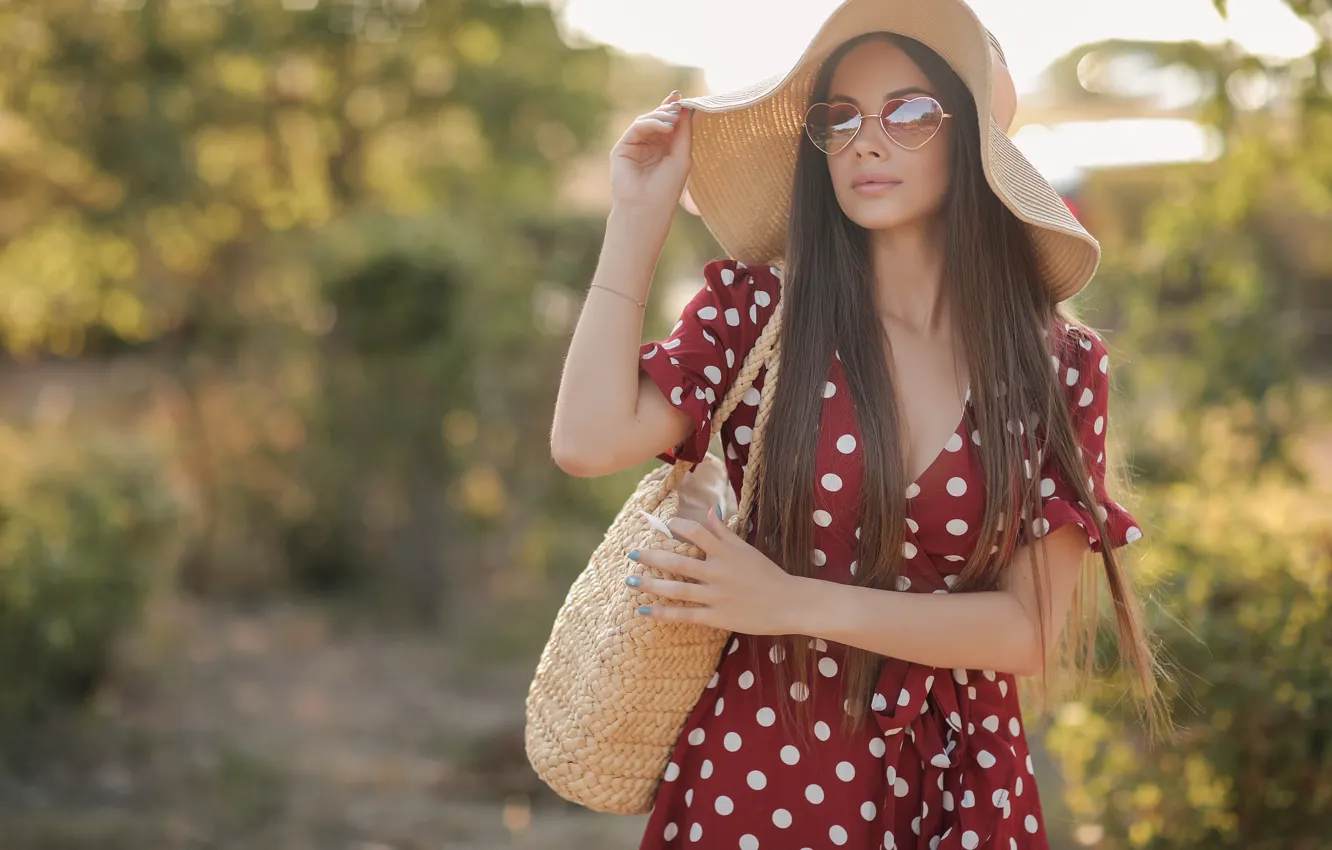 Photo wallpaper summer, girl, light, nature, pose, hat, hands, hearts