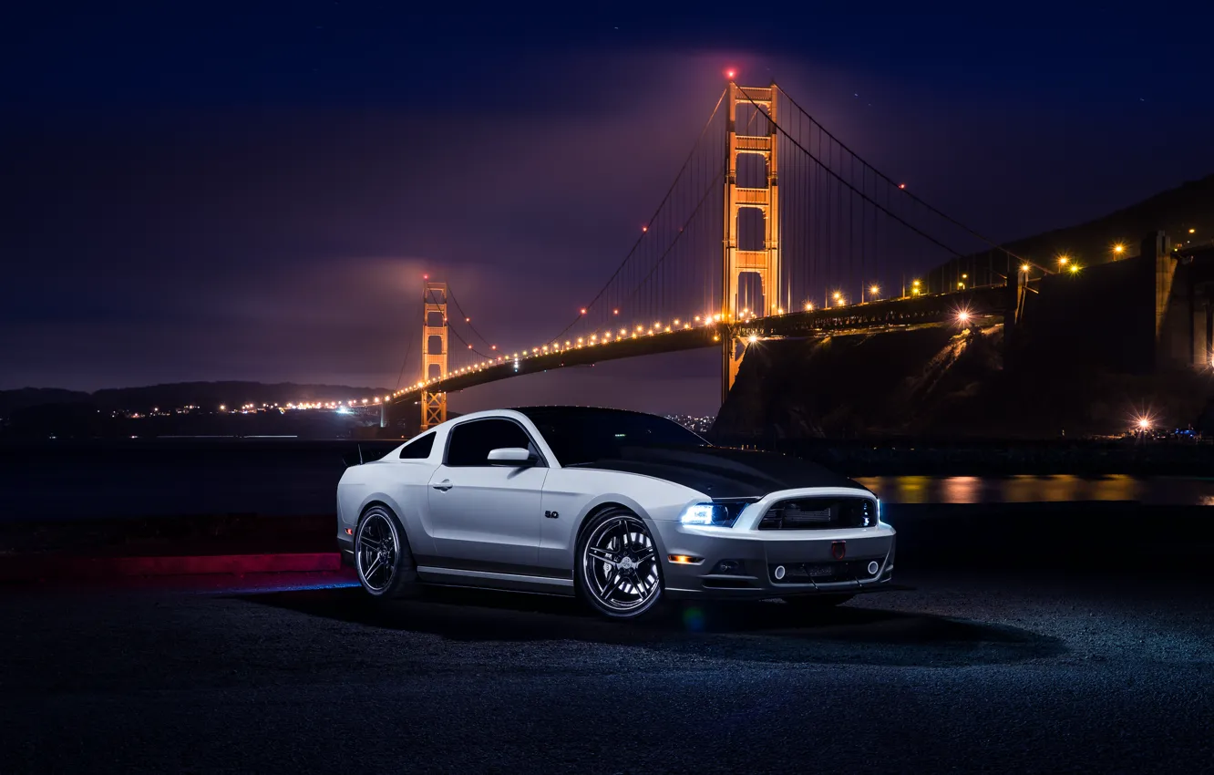 Photo wallpaper Mustang, Ford, Muscle, Car, Front, Bridge, White, River