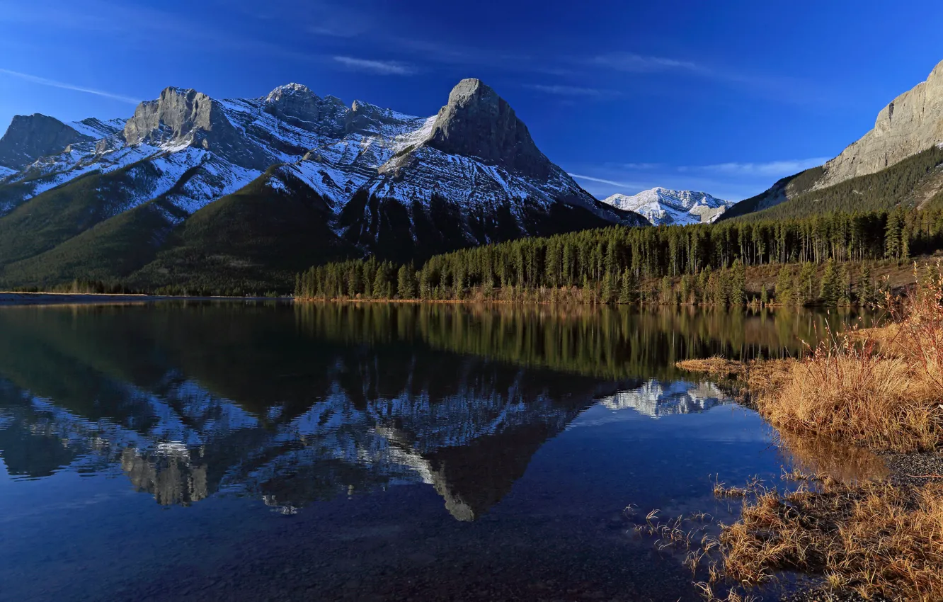 Photo wallpaper forest, mountains, lake, reflection, Canada, Albert, Alberta, Canada