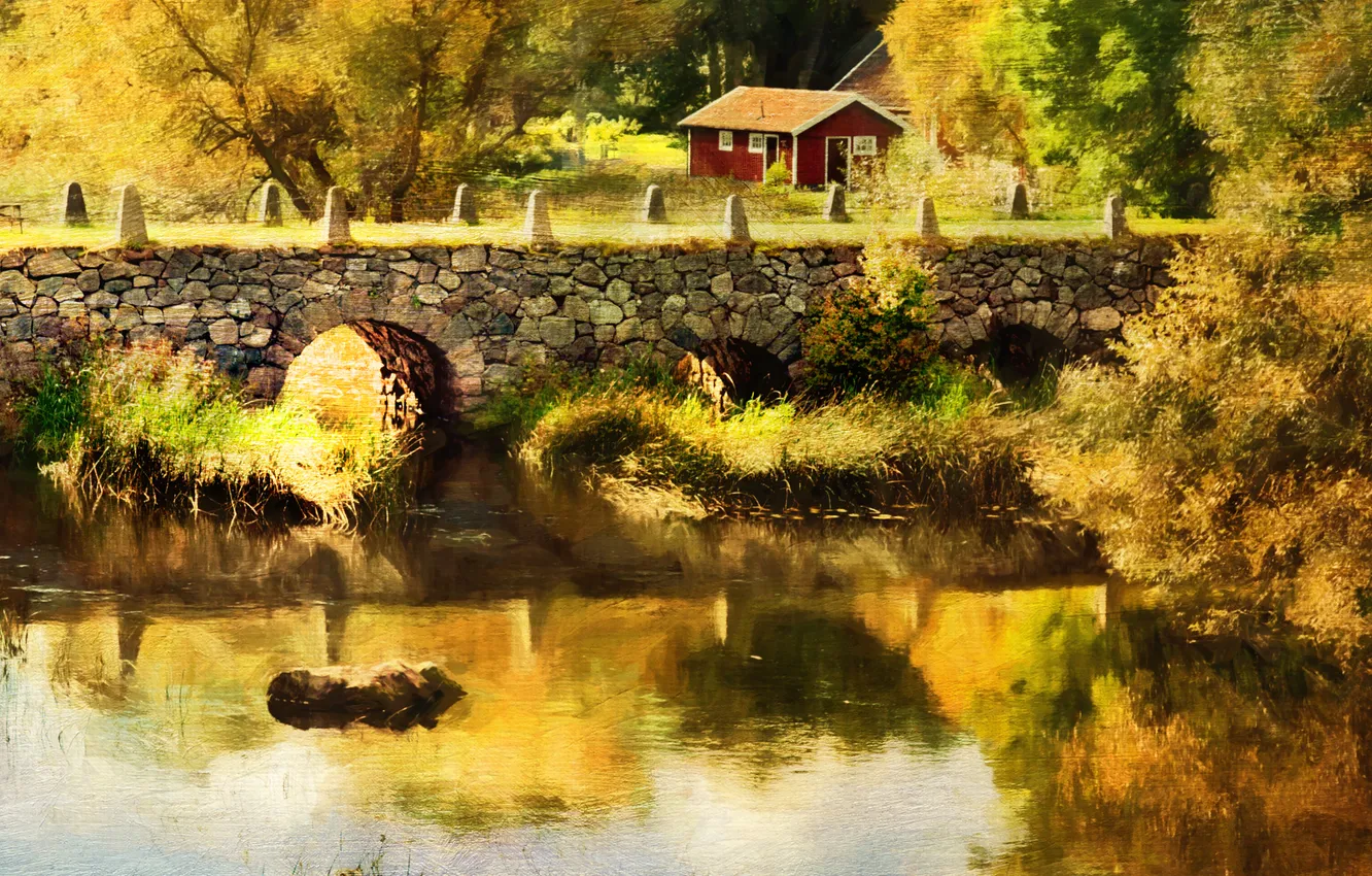 Photo wallpaper autumn, grass, light, trees, bridge, collage, shore, treatment