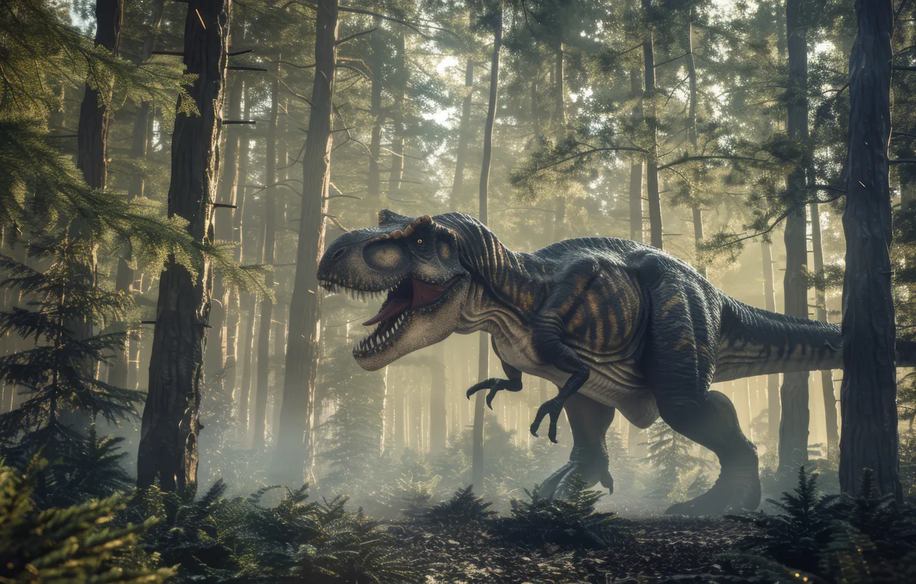 Photo wallpaper forest, trees, animal, dinosaur, predator, Tyrannosaurus, digital art, Tyrannosaurus Rex
