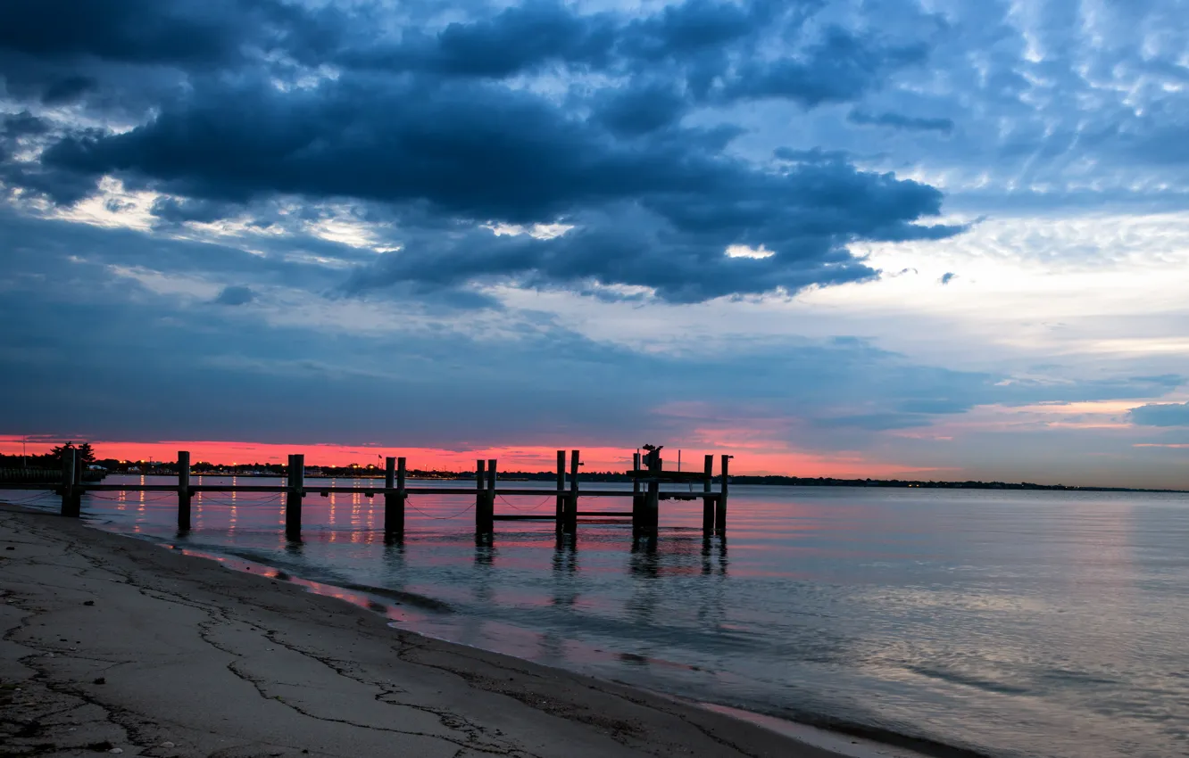 Photo wallpaper sea, the sky, landscape, night, bridge