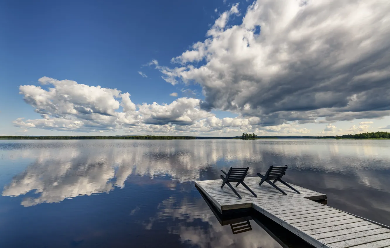 Photo wallpaper the sky, clouds, lake, reflection, pierce, bridges, pond, sun loungers