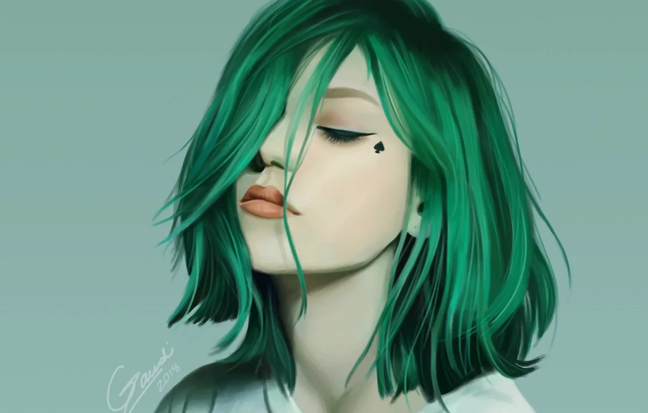 Photo wallpaper face, haircut, green hair, bangs, closed eyes, portrait of a girl