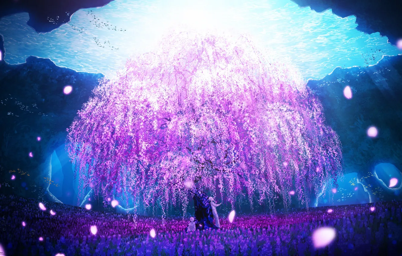 Photo wallpaper boy, Sakura, fantasy, cave, flowering, under water