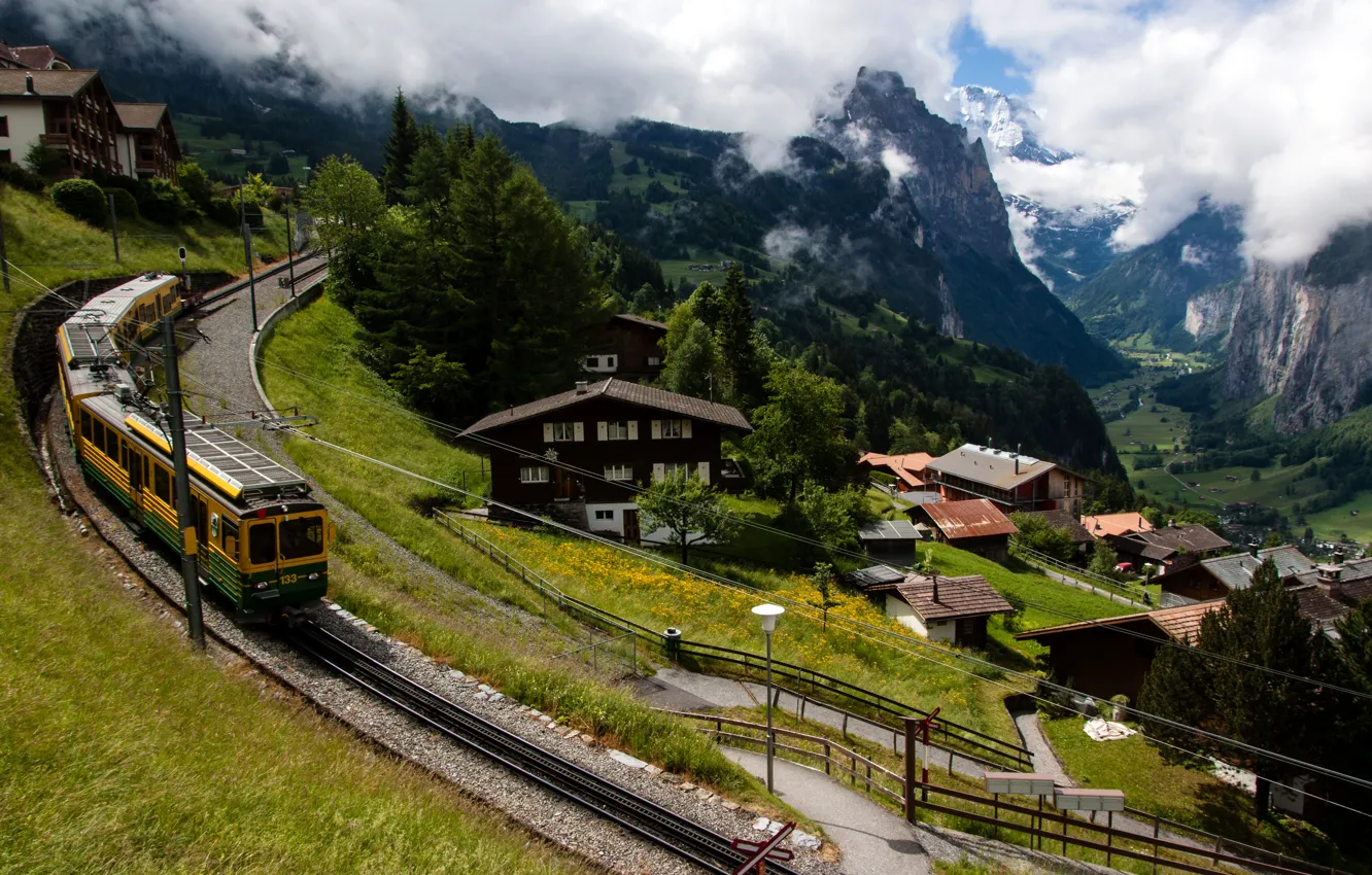 Photo wallpaper clouds, trees, mountains, train, home, Switzerland, valley, slope