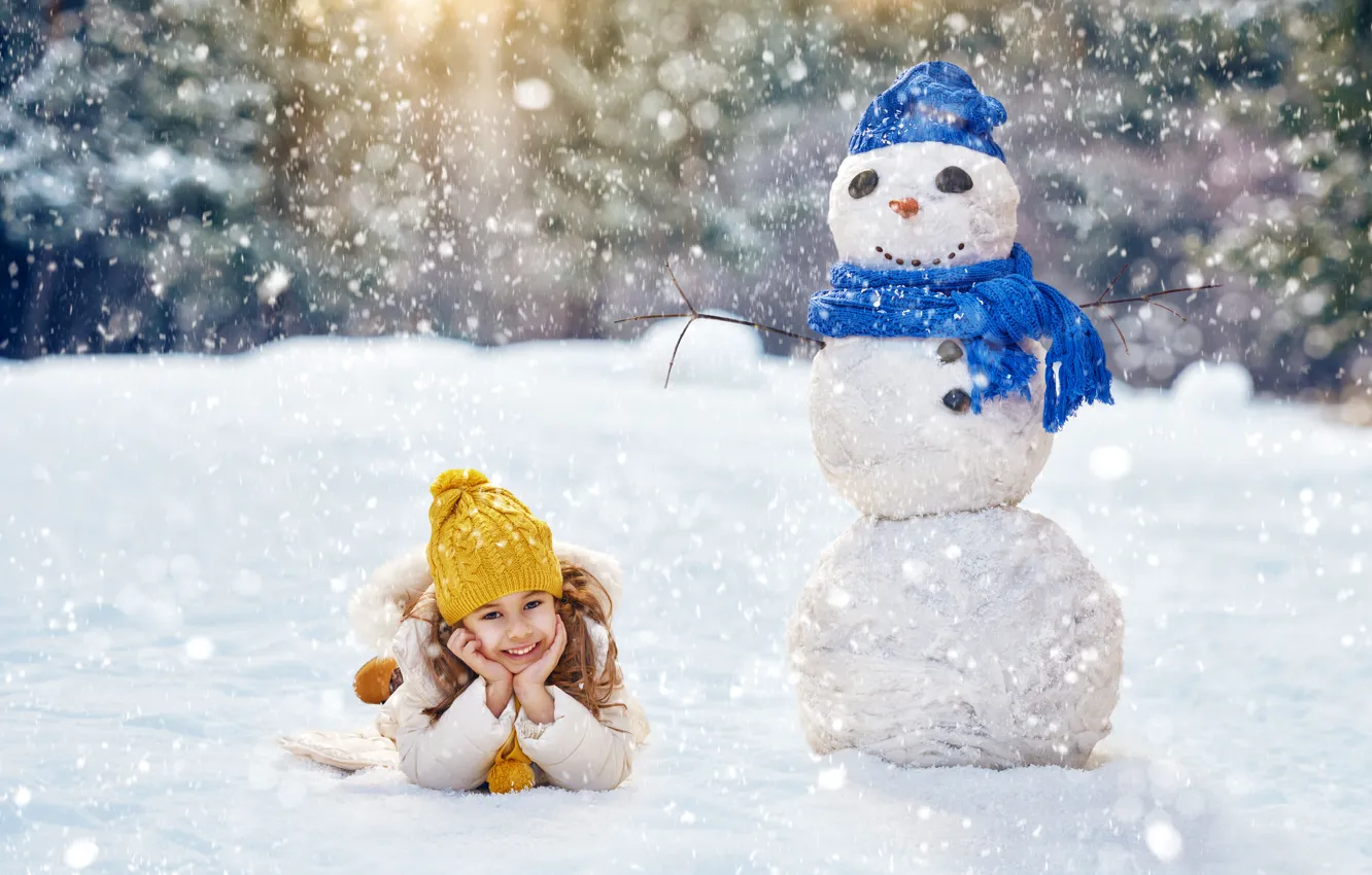Photo wallpaper Winter, Children, Girl, Snowflakes, Snowman, Caps
