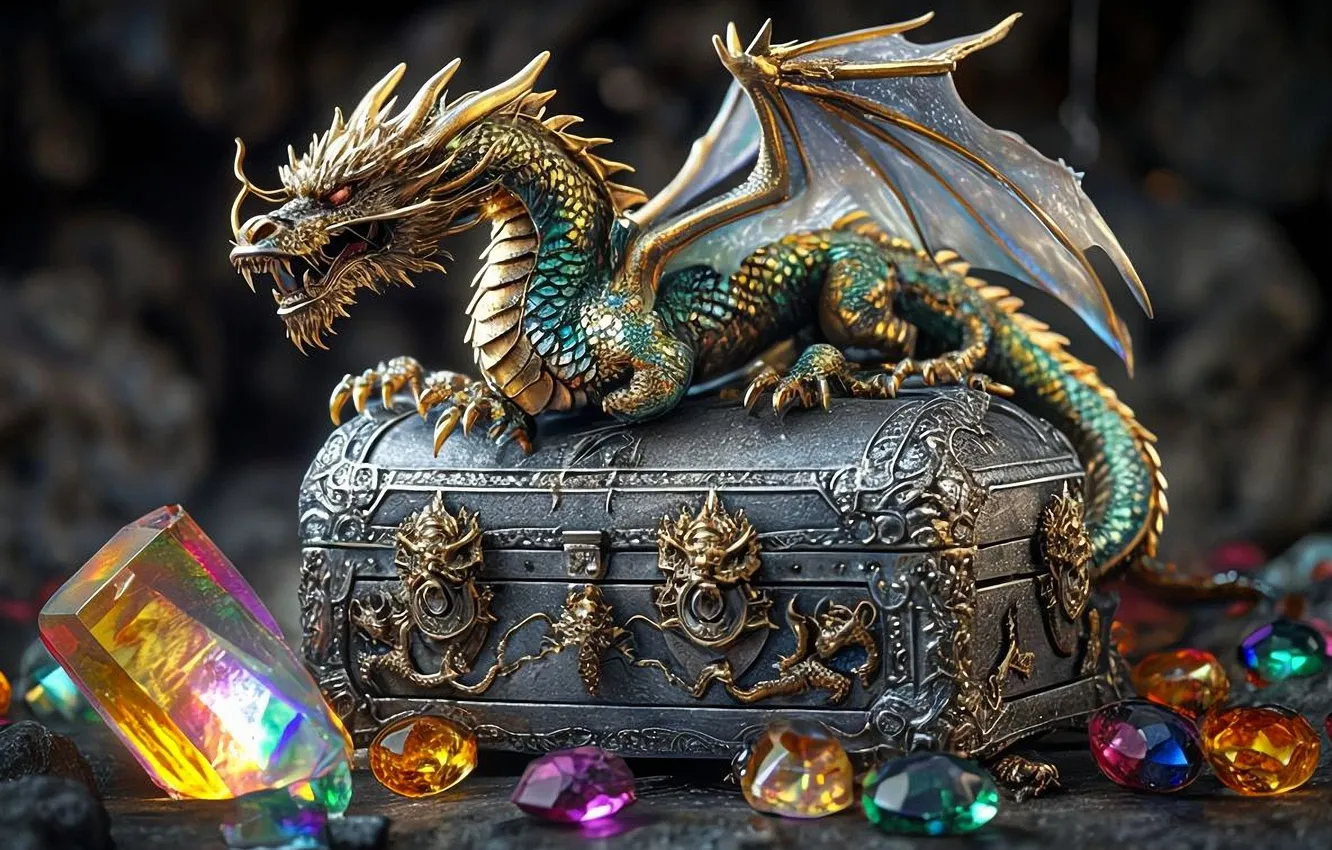 Photo wallpaper dragon, box, ornament, digital art, digital art, gems, fantasy art, artificial intelligence