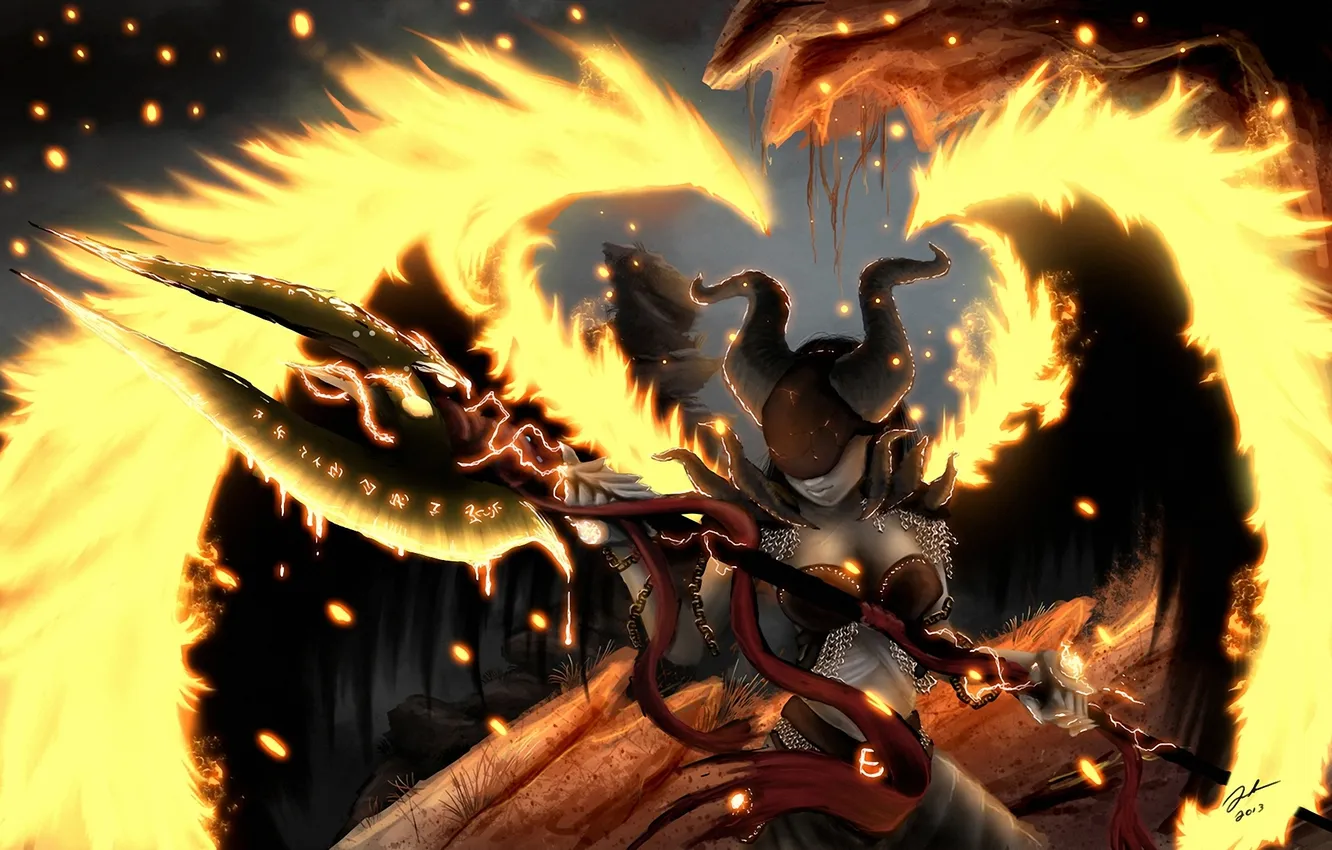 Photo wallpaper girl, lights, weapons, wings, art, symbol, horns, helmet