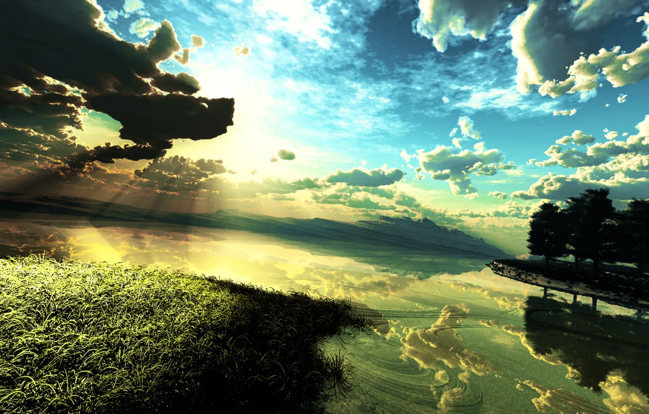 Photo wallpaper the sky, grass, water, the sun, clouds, trees, sunset, mountains