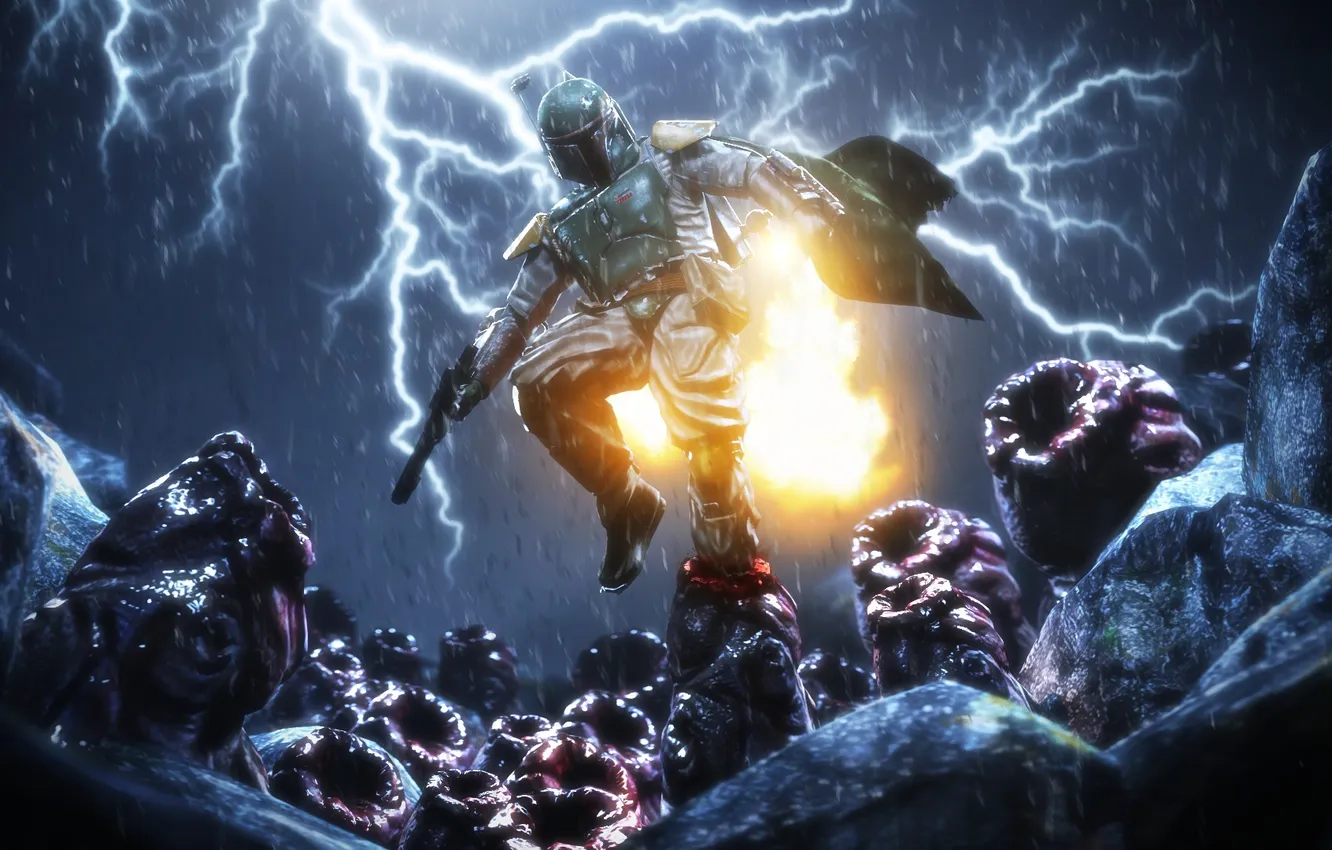 Photo wallpaper the storm, lightning, Star Wars, helmet, mercenary, Boba Fett