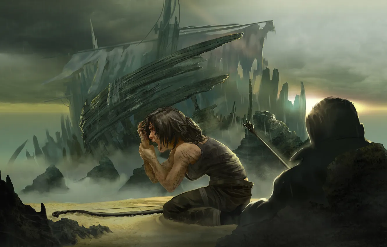 Photo wallpaper girl, bow, art, Tomb Raider, Lara Croft, Lara Croft, the remains of the ship