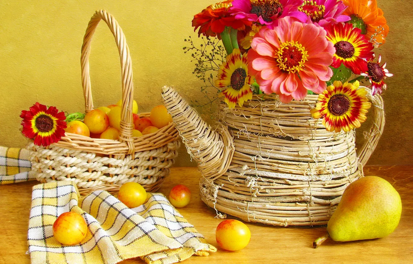 Photo wallpaper flowers, vase, still life, basket, gerbera, plum, pear
