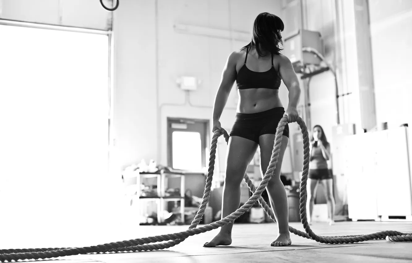 Photo wallpaper woman, black and white, crossfit, thick ropes