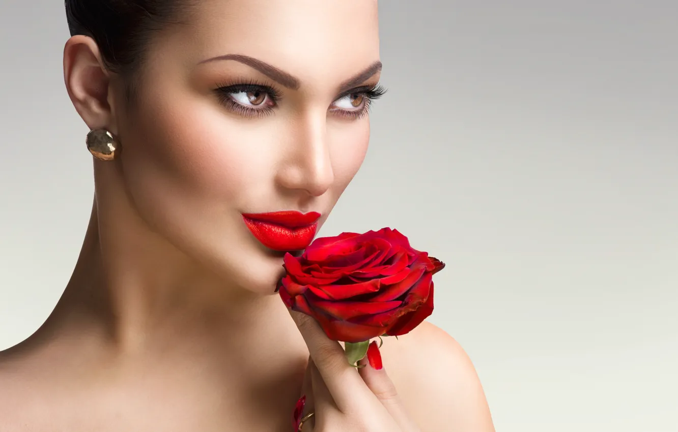 Photo wallpaper flower, close-up, red, face, eyelashes, background, rose, hand