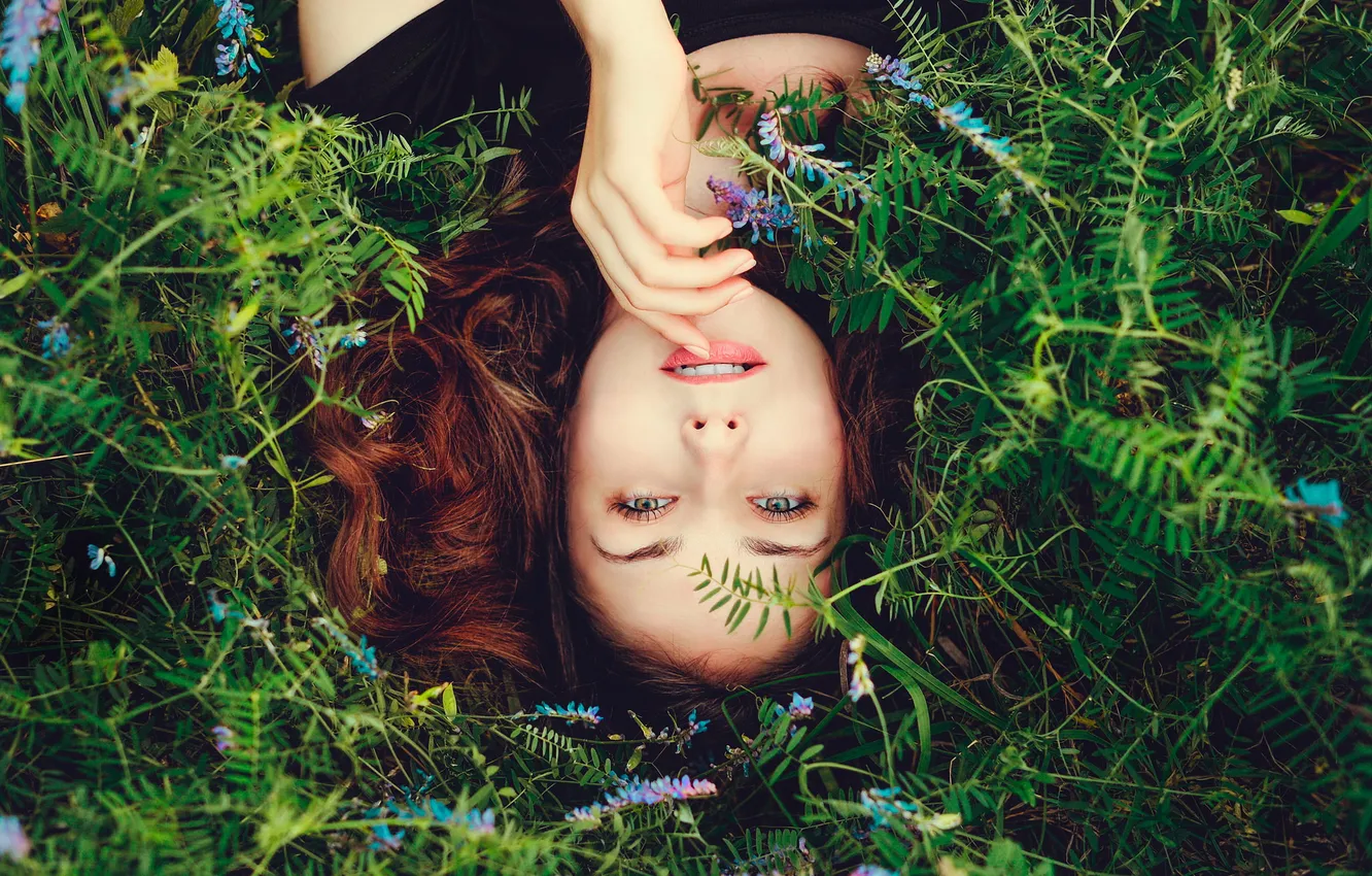 Photo wallpaper greens, summer, grass, look, leaves, girl, flowers, nature