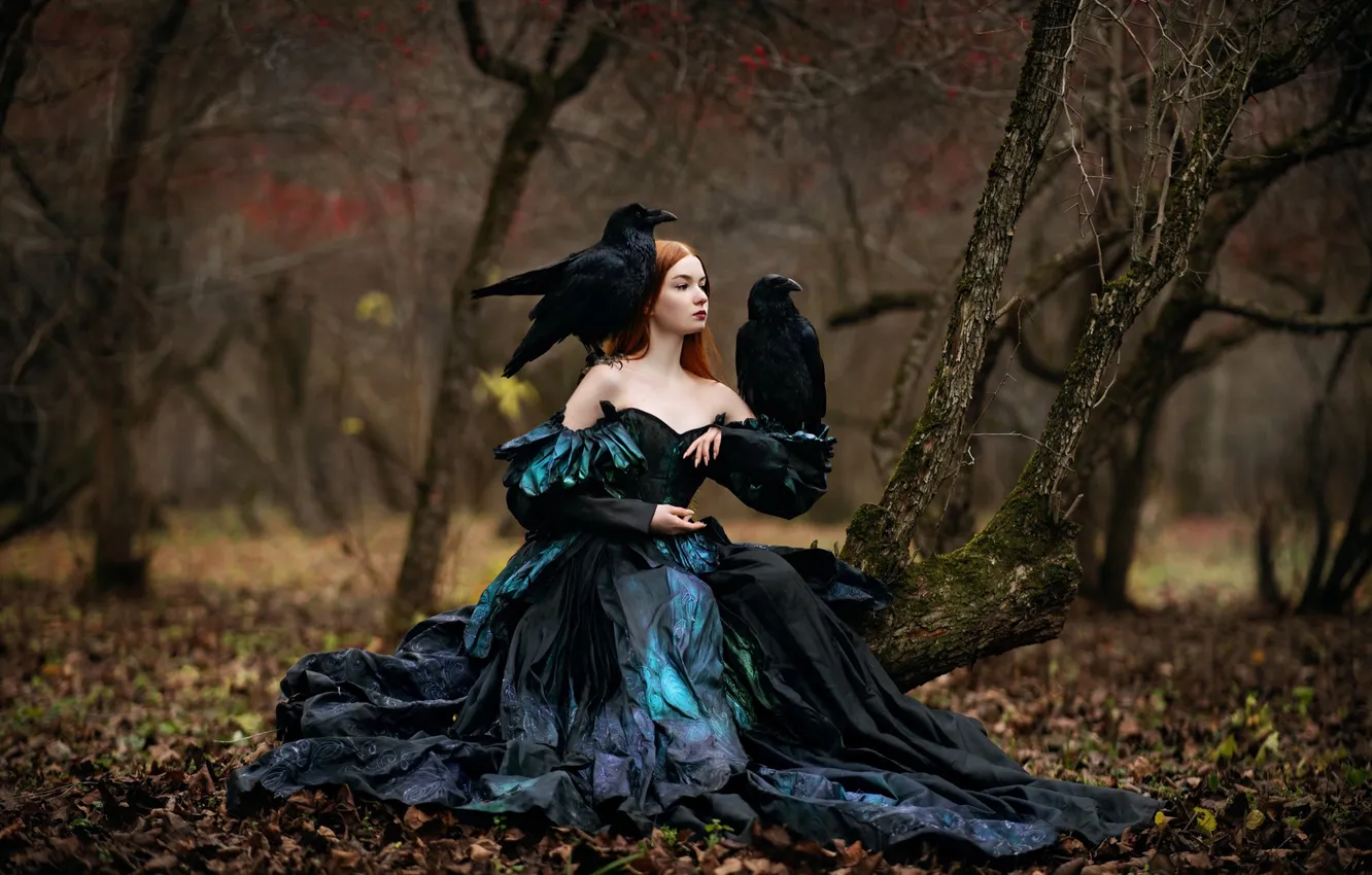 Photo wallpaper forest, girl, nature, pose, style, bird, costume, outfit