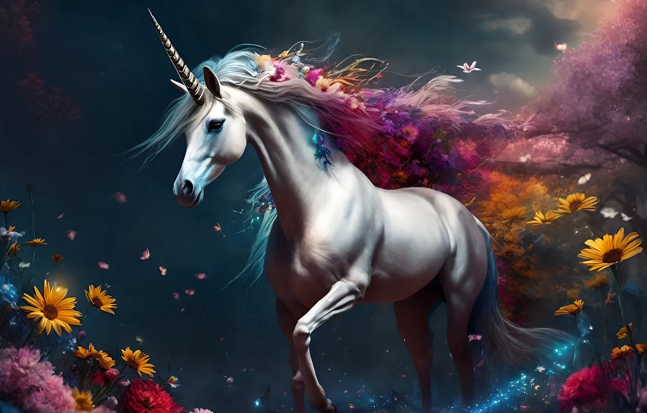 Photo wallpaper flowers, horse, unicorn