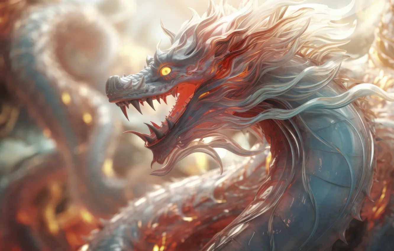 Photo wallpaper fantasy, dragon, mouth, catch, burning gaze