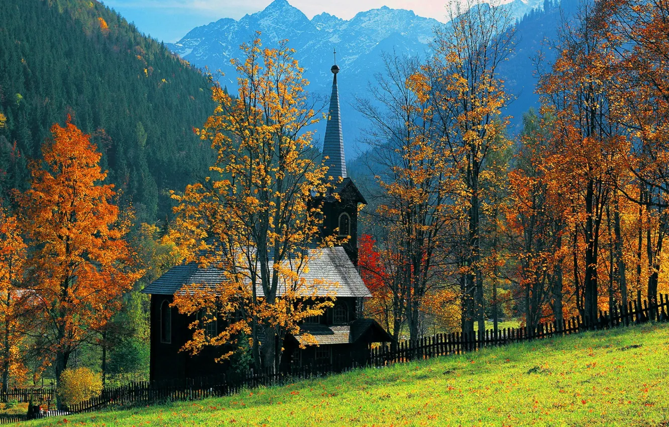 Photo wallpaper autumn, grass, trees, mountains, house, slope, Church