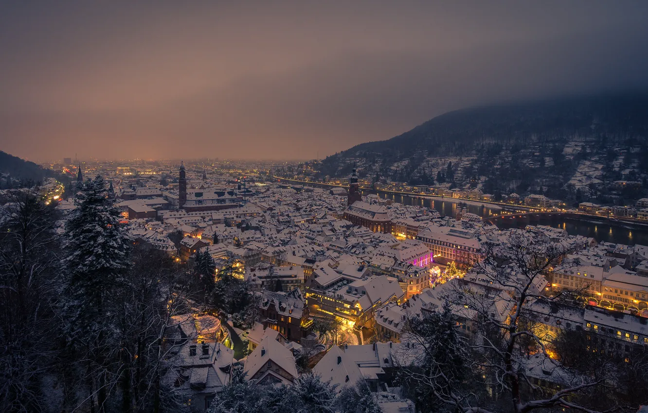 Photo wallpaper winter, snow, landscape, mountains, night, lights, river, home