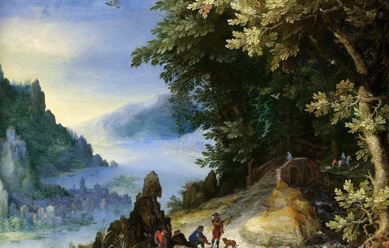 Photo wallpaper picture, Jan Brueghel the elder, A rocky River Landscape with Travellers