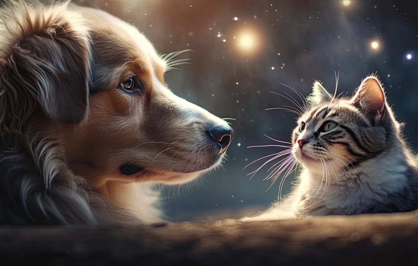 Photo wallpaper cat, the sky, cat, look, space, stars, light, night