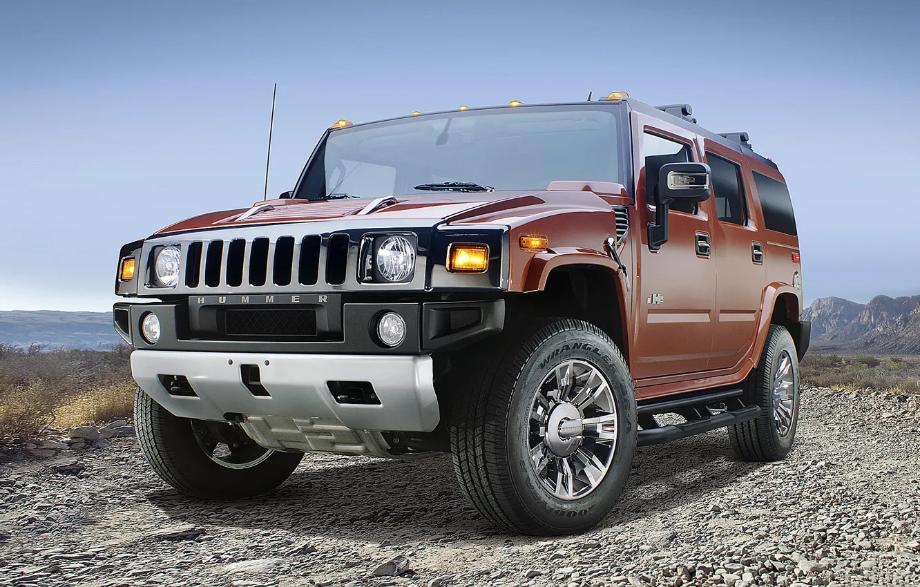 Photo wallpaper road, auto, the sky, mountains, landscape, crushed stone, Hummer-H2, 2009.