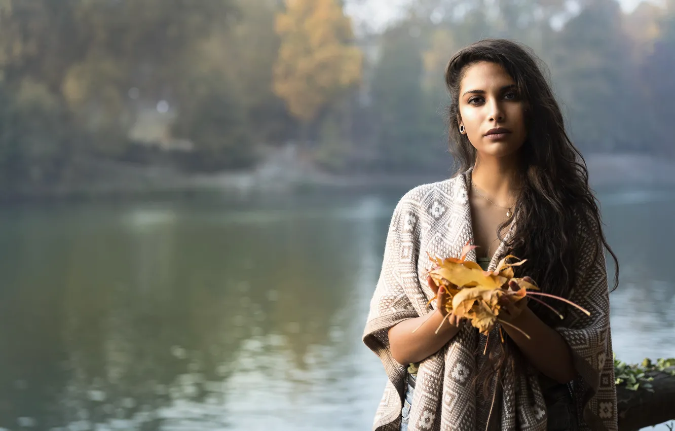 Photo wallpaper autumn, face, background, foliage, model, hair, Joanna