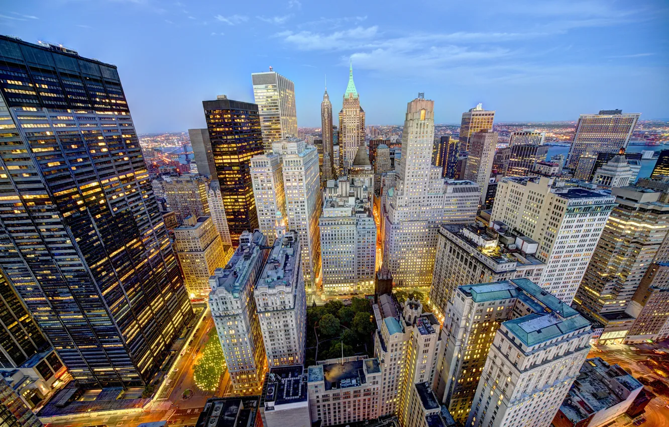 Photo wallpaper roof, the city, lights, building, home, New York, skyscrapers, the evening