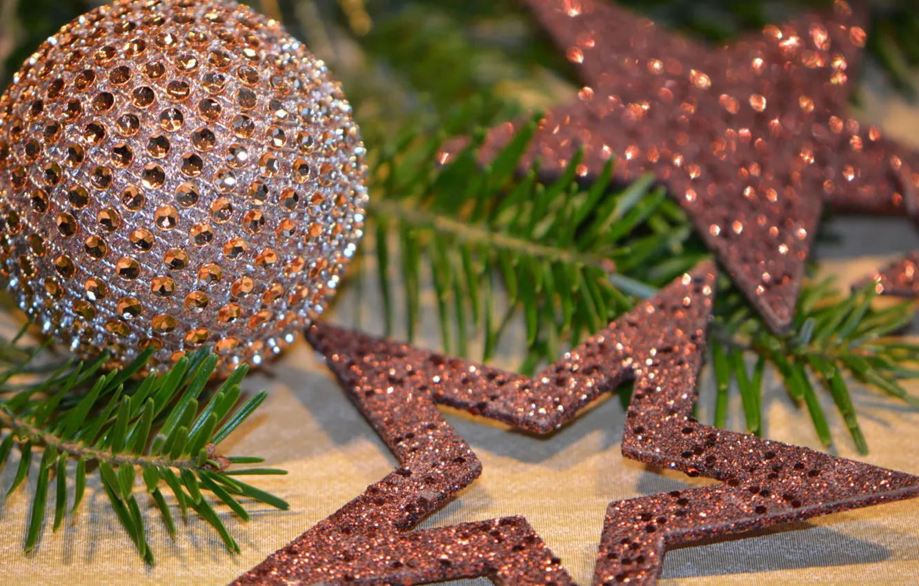 Photo wallpaper stars, balls, branches, holiday, toy, Shine, Christmas
