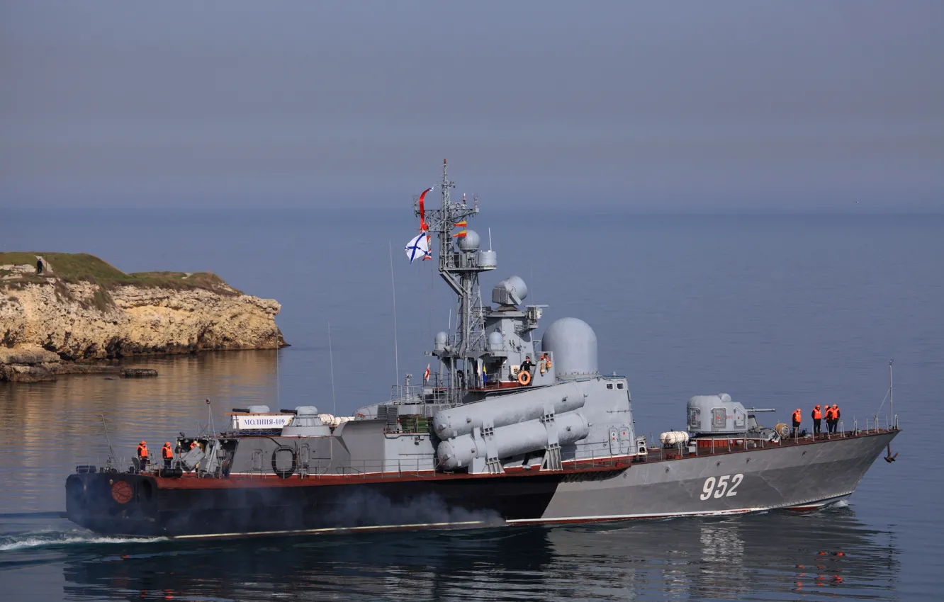 Photo wallpaper lightning, ship, Navy, rocket, R-109, The black sea, RCA
