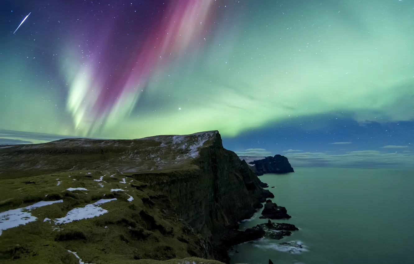 Photo wallpaper night, rocks, Northern lights, pond