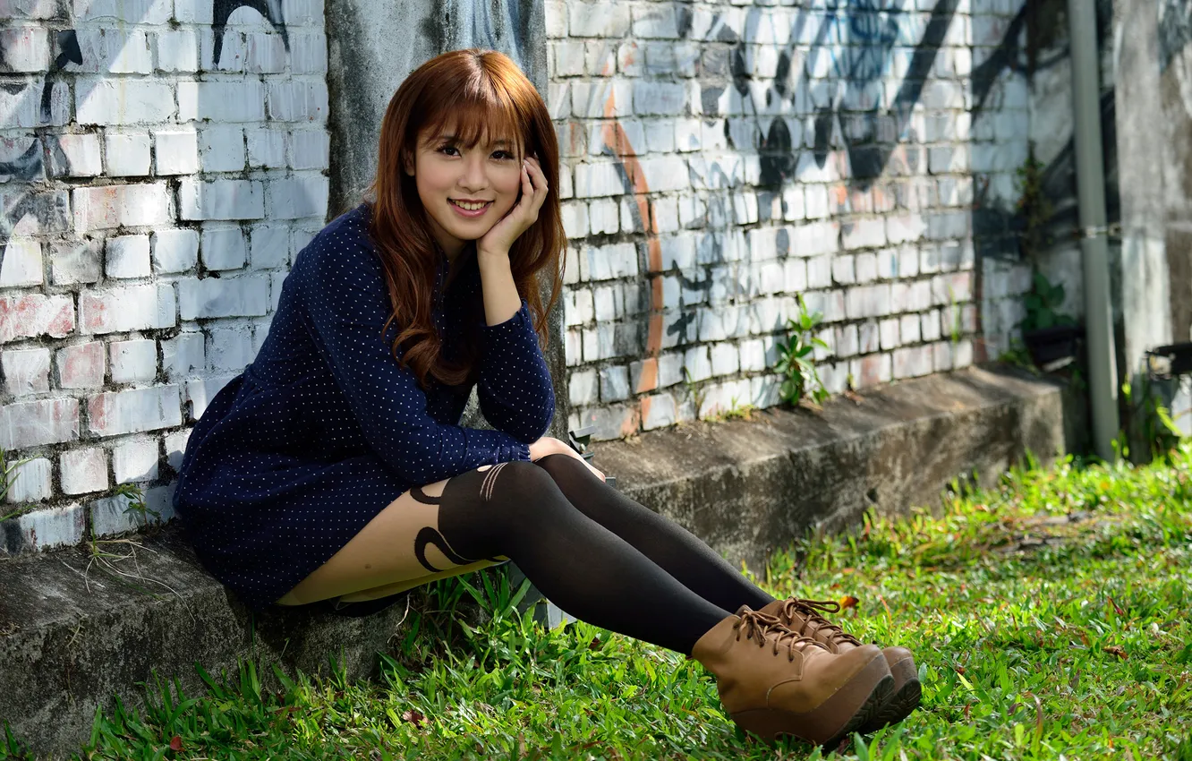 Photo wallpaper Asian, smile, tights, sitting, dress, feet