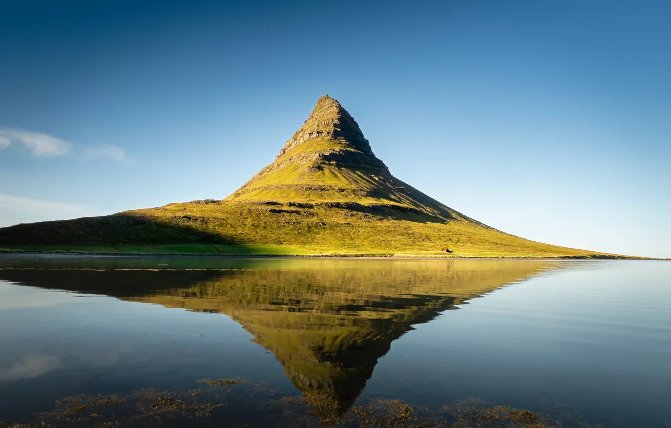 Photo wallpaper sky, nature, water, cloud, mountain, reflection, horizon, triangle
