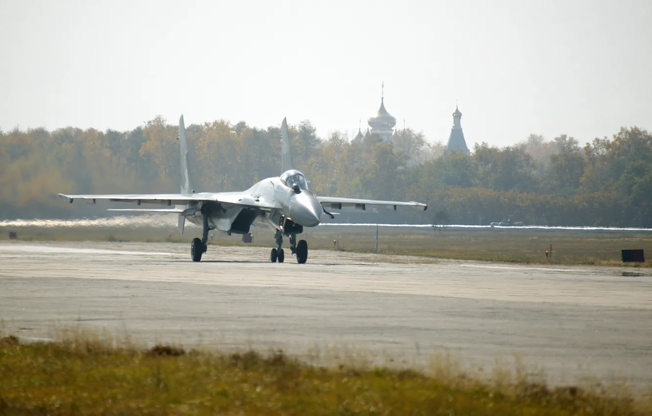 Photo wallpaper autumn, Church, the rise, Su-35, WFP