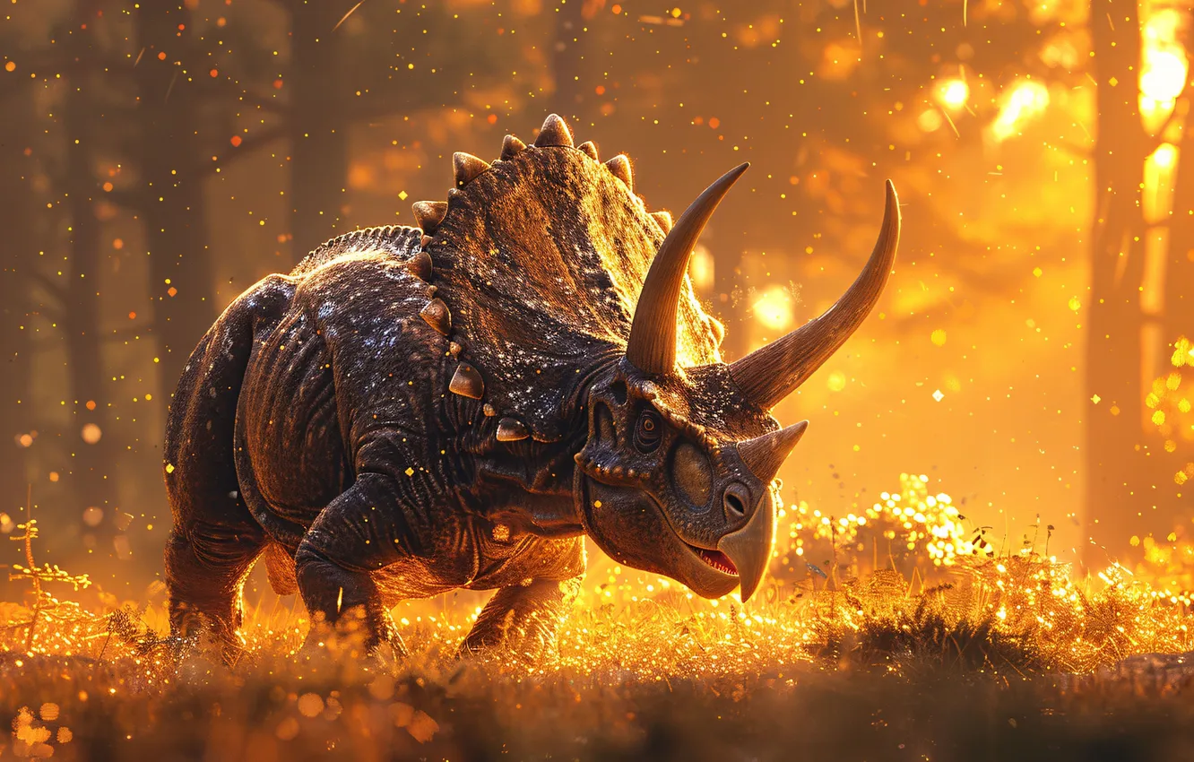 Photo wallpaper trees, animal, dawn, dinosaur, horns, Triceratops, digital art, Triceratops