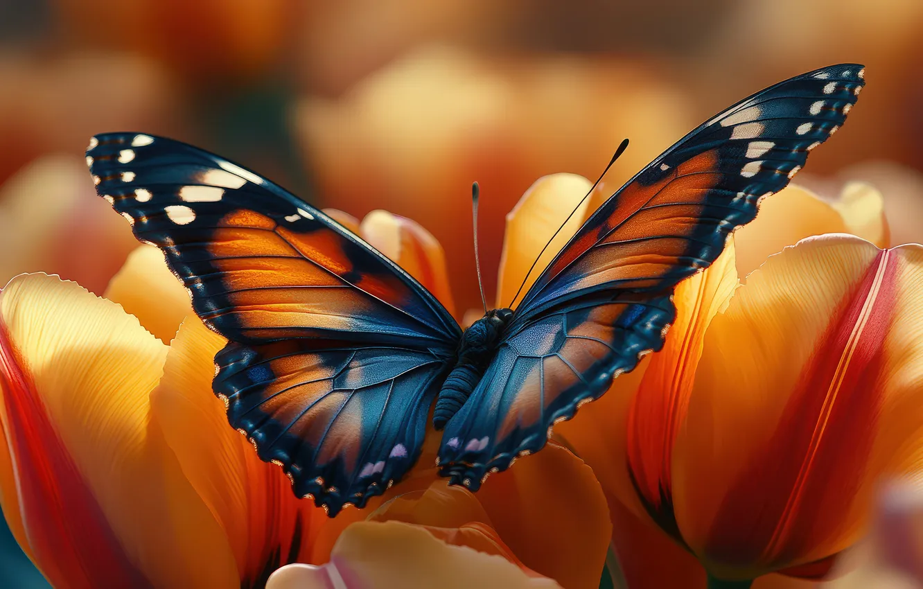 Photo wallpaper macro, light, flowers, orange, yellow, butterfly, wings, spring
