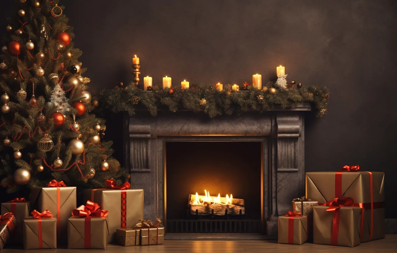 Photo wallpaper decoration, room, balls, tree, interior, New Year, Christmas, gifts