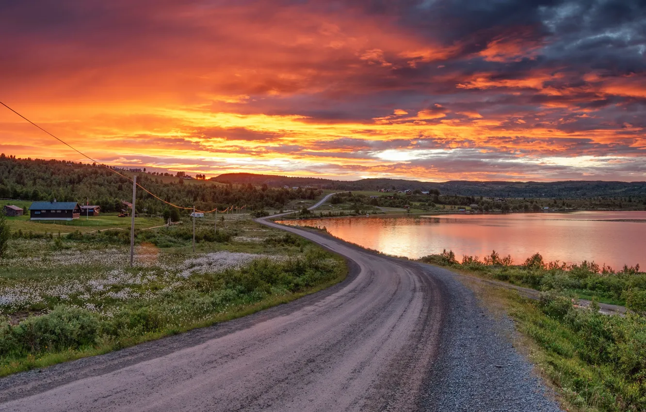 Photo wallpaper road, landscape, sunset