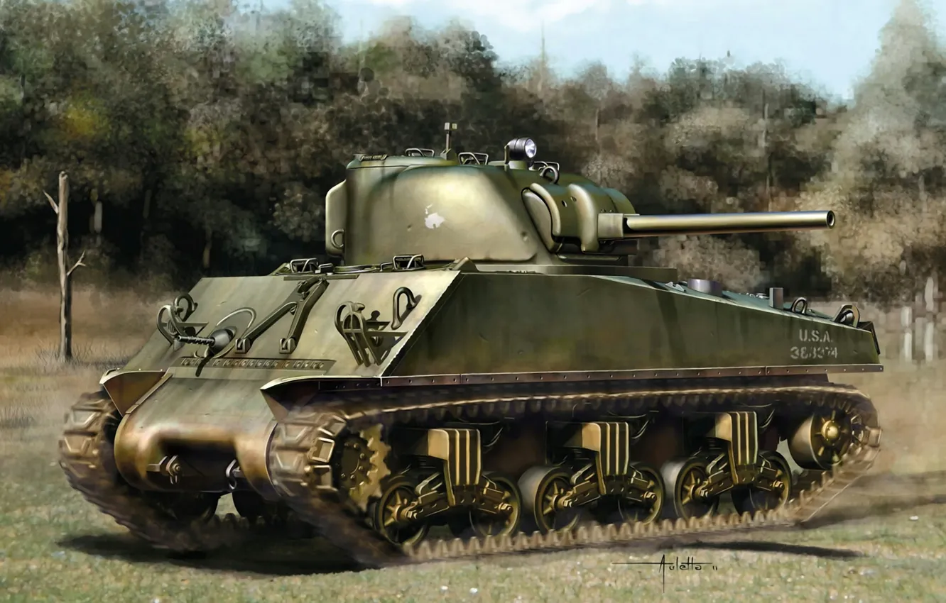Photo wallpaper field, figure, art, tank, American, average, WW2, Sherman