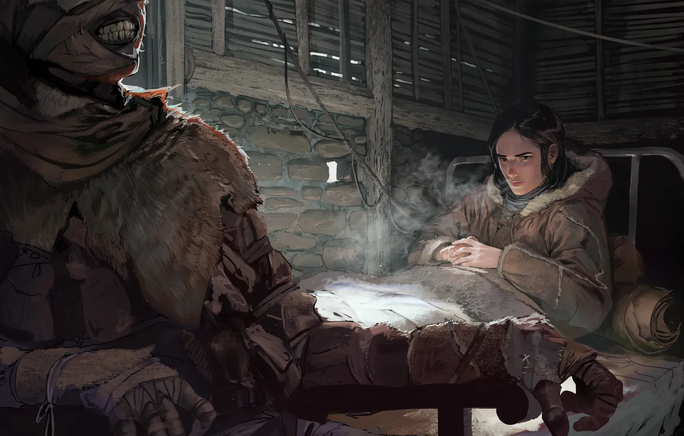 Photo wallpaper look, girl, bed, art, skeleton, blanket, sitting, art