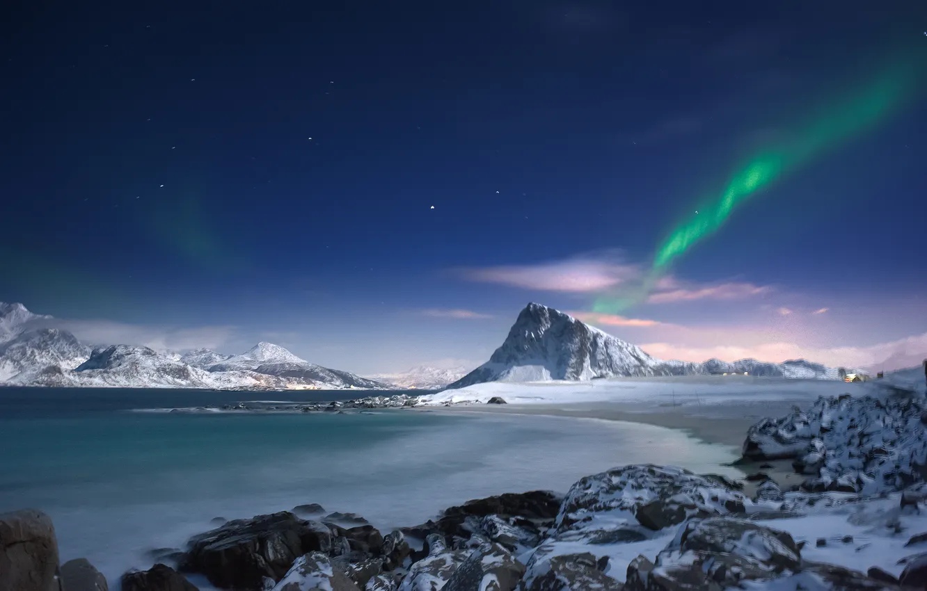 Photo wallpaper mountains, river, Northern lights, the evening