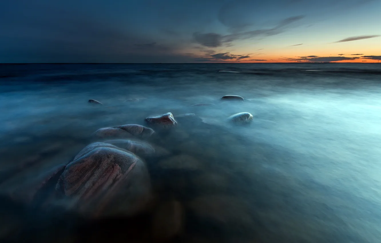 Photo wallpaper sea, sunset, stones, Sweden, Varmland, Takene