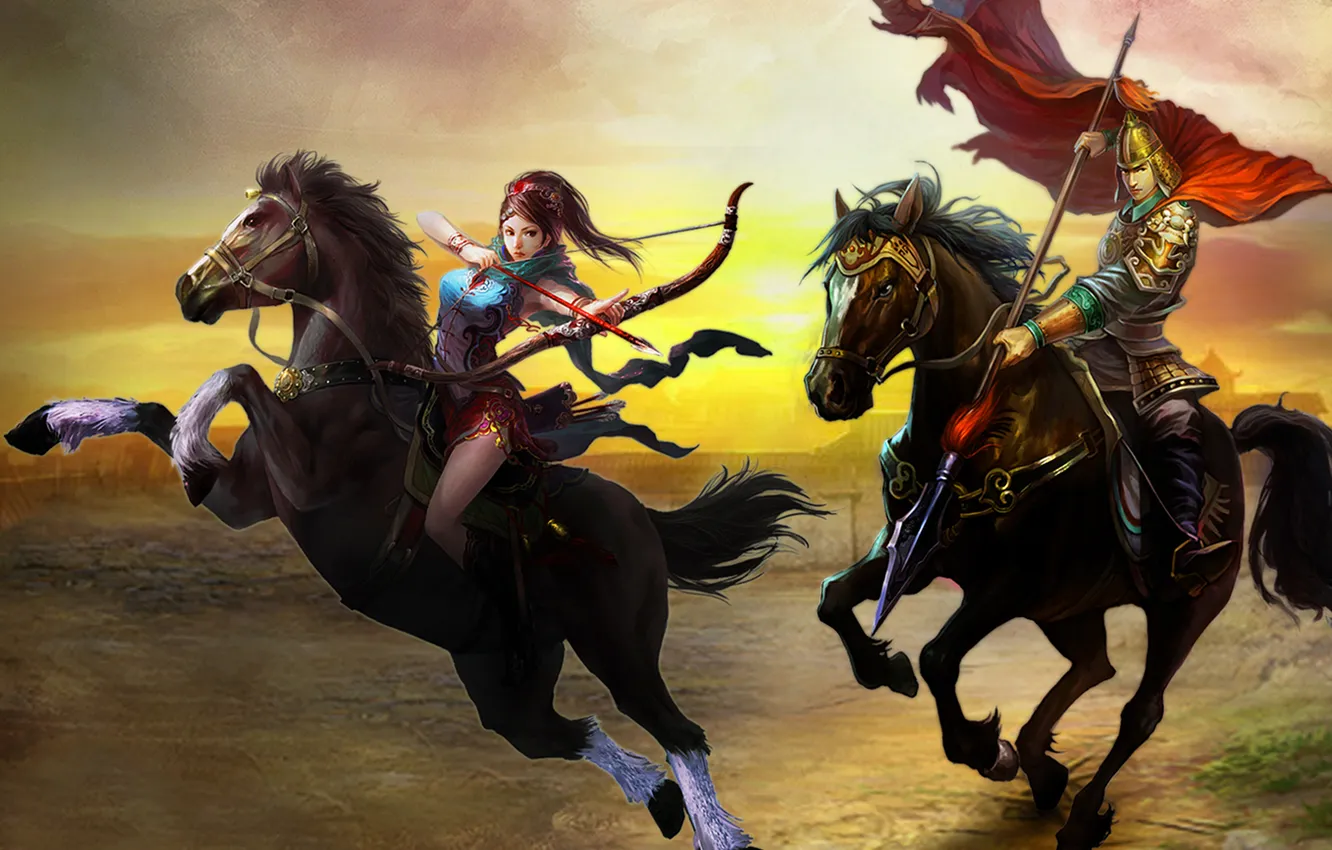 Photo wallpaper field, girl, sunset, rider, flag, horse, bow, spear