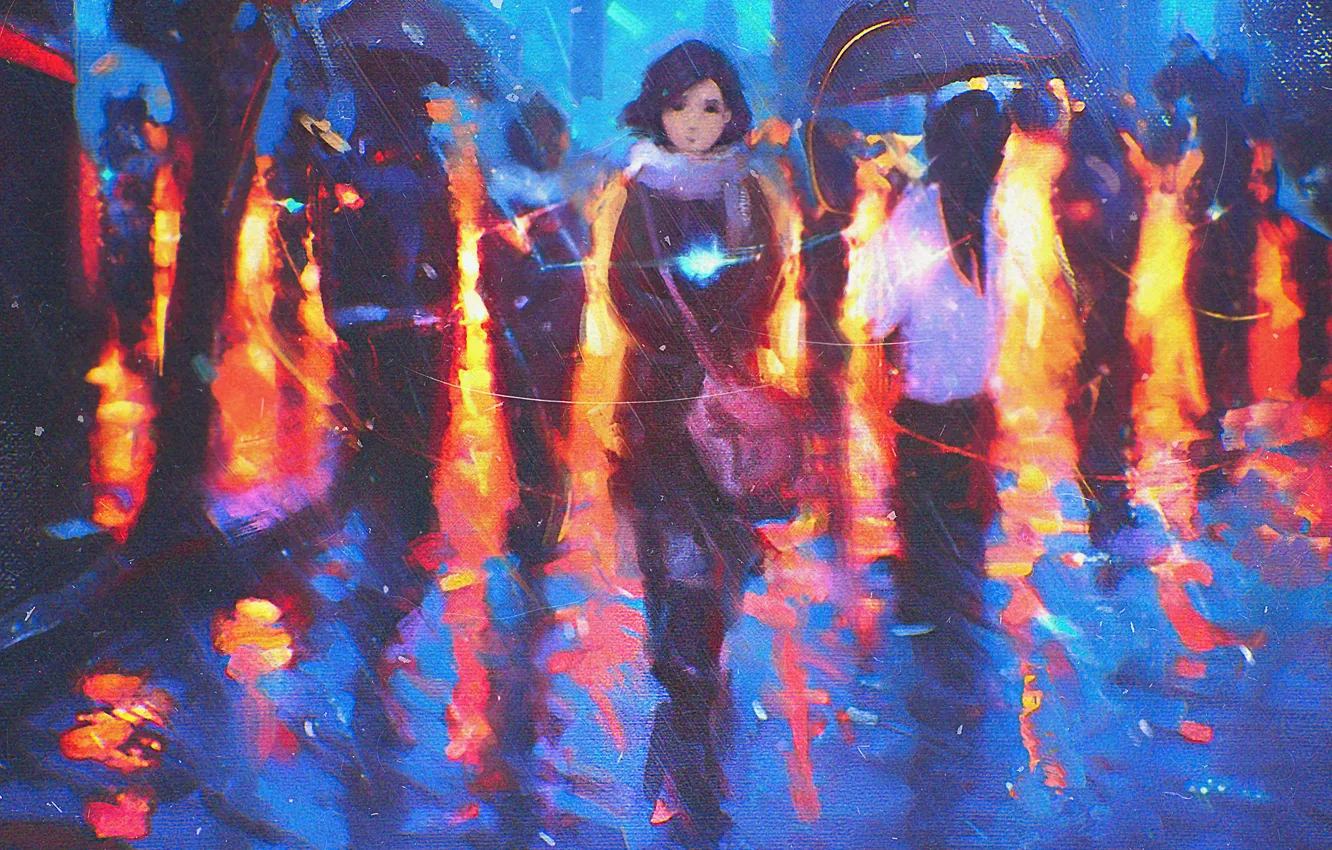 Photo wallpaper girl, light, trees, lights, street, umbrella, scarf, art