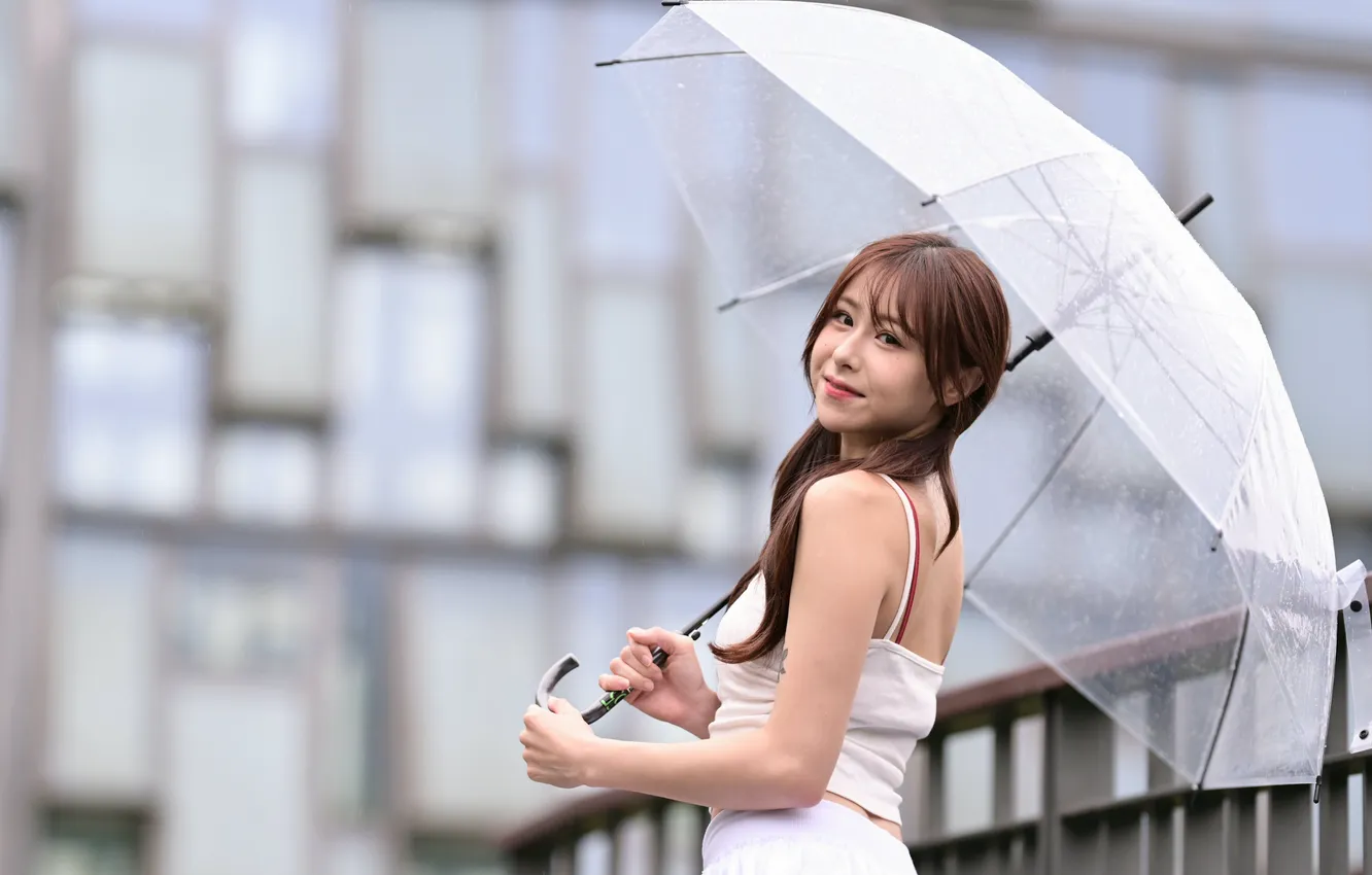 Photo wallpaper girl, smile, umbrella, Asian