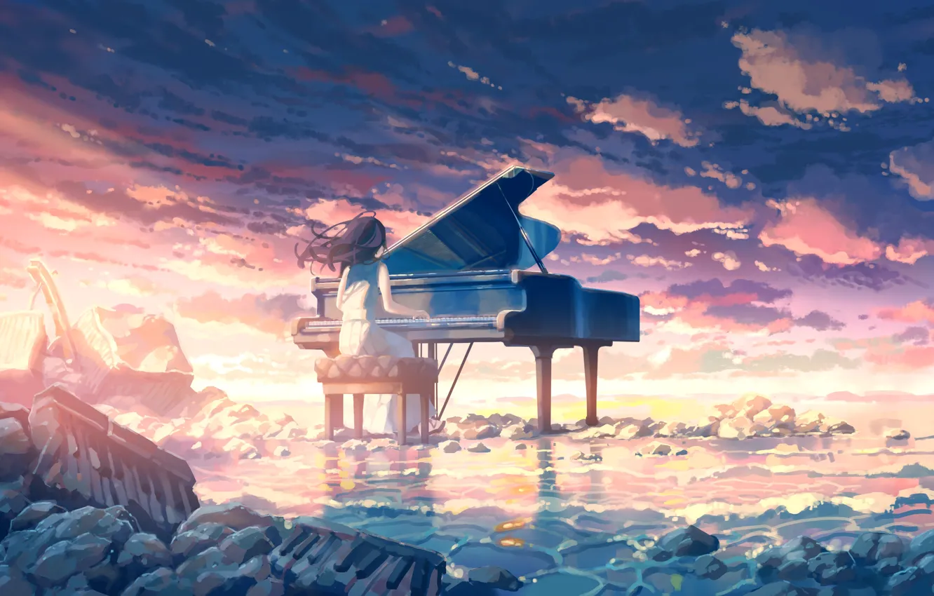 Photo wallpaper sea, beach, girl, piano