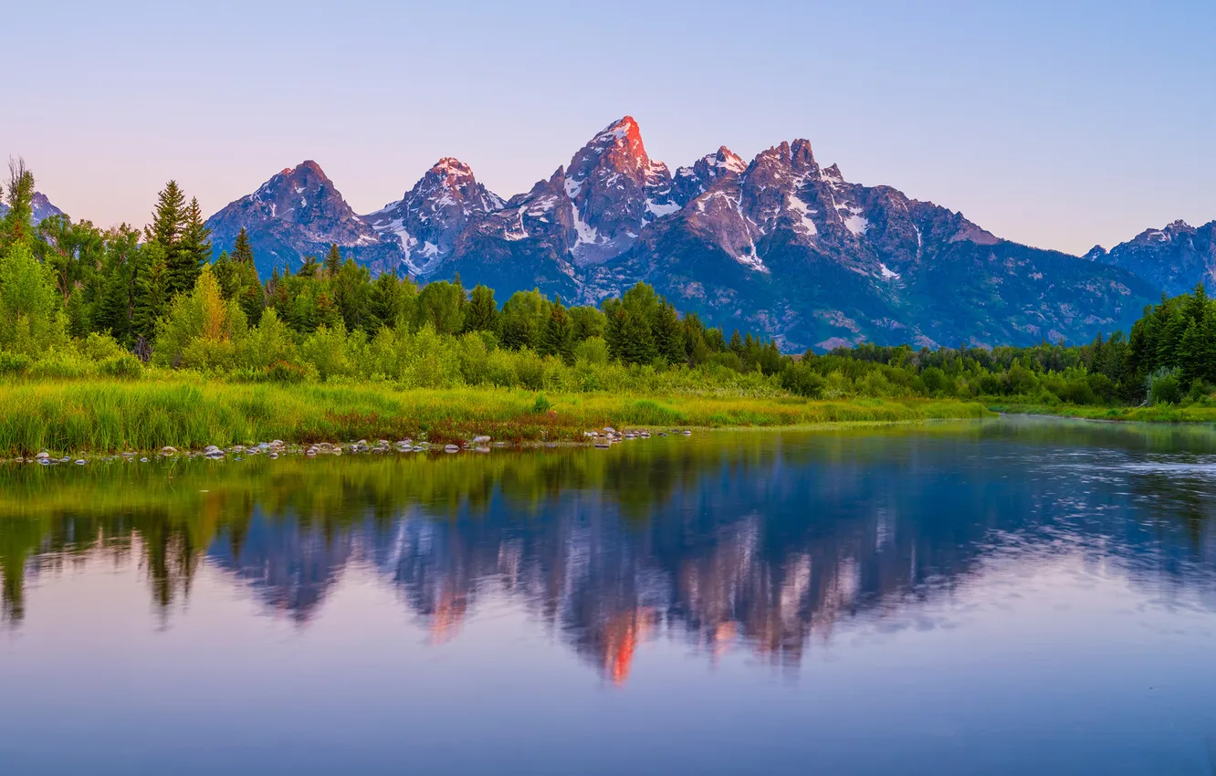 Photo wallpaper the sky, mountains, reflection, river, USA, Grand Teton National Park