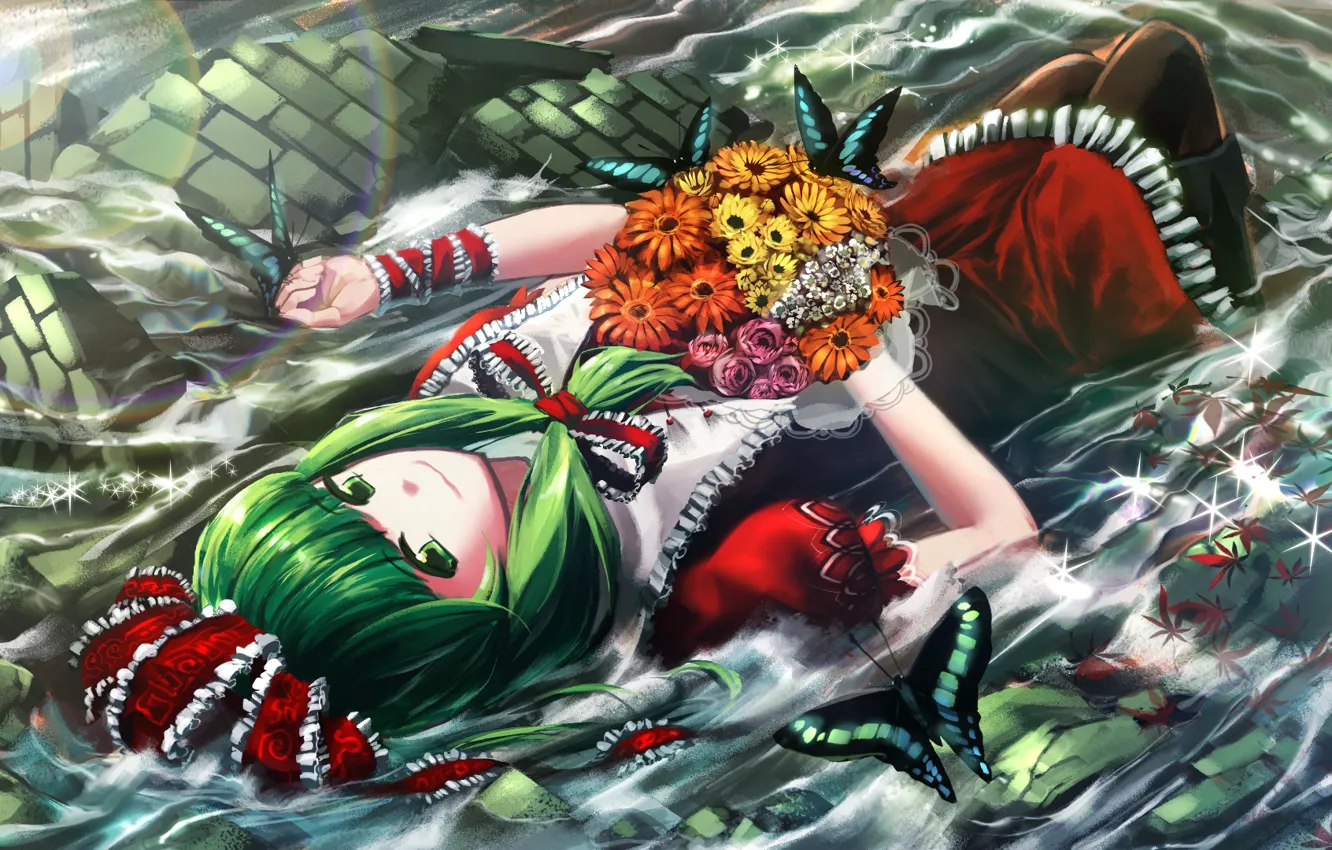 Photo wallpaper water, flowers, butterfly, bouquet, bridge, Kagiyama Hina, Tohou Project